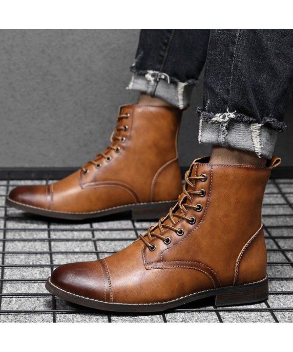 New autumn and winter plush Martin boots for men's oversized pointed vintage leather boots, high top casual leather shoes, cotton boots