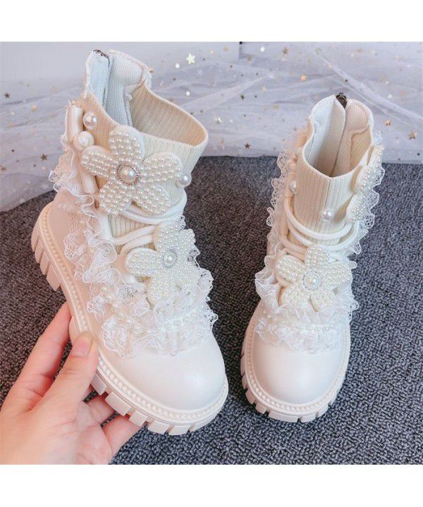 Girls' Martin Boots Spring Autumn Winter Lace Pearl Socks Boots Children's Short Boots Boots