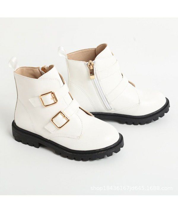 Girls' White Boots Spring and Autumn Children's Short Boots Little Girls' Martin Boots Low Barrel Short English Style Thick Sole Single Shoe