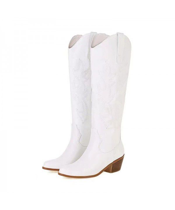 Embroidered thick heeled high boots, European and American style knight boots, western boots