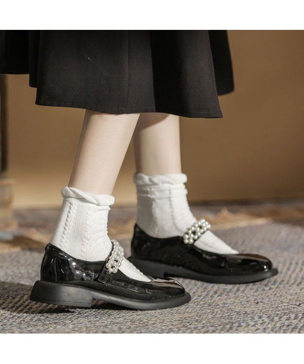 Mary Jane single shoe flat bottom with skirt JK uniform pearl round head lolita cute big head doll small leather shoes female