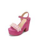 High heeled thick soled sandals for women, sloping heel open toe women's oversized shoes, lace pearls