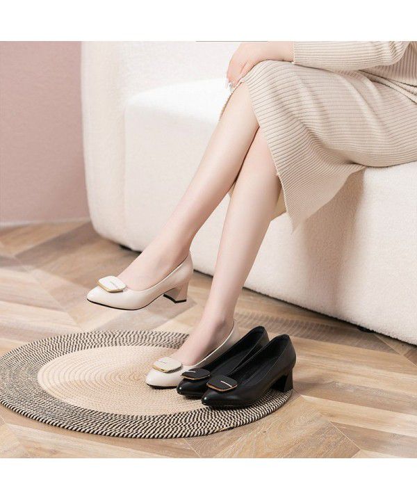 Cowhide Fashion Women's Heels Spring New Genuine Leather Thick Heels Fashion Shallow Mouth Single Shoes