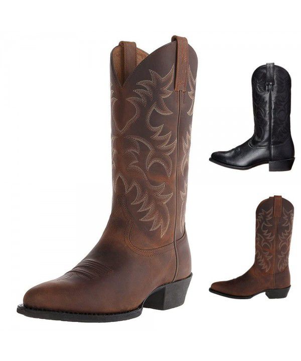 Embroidered high-heeled men's wooden root mid sleeve boots Western Cowboy boot Winter