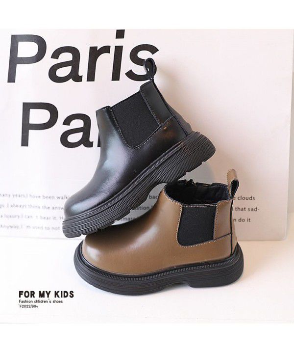 Autumn New Children's Shoes Girls' English Style Genuine Leather Martin Boots Children's Black Low Barrel Short Boots Boys' Leather Boots
