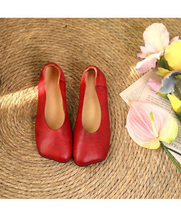 Cowhide square toe soft sole flat heel retro casual women's single shoe genuine leather women's shoes new spring and summer styles