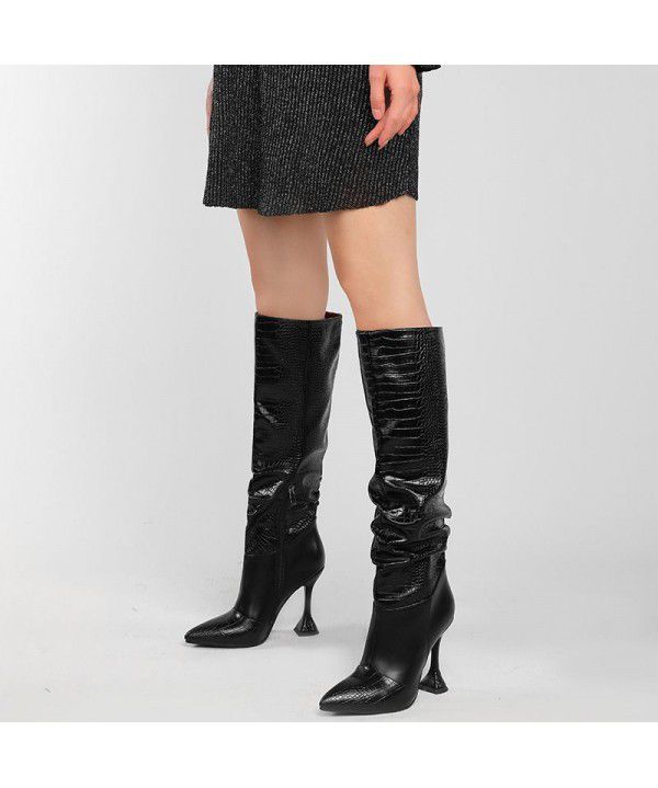 Autumn and Winter New European and American Style Pleated Long Boots High Heel Pointed Knight Boots Girl