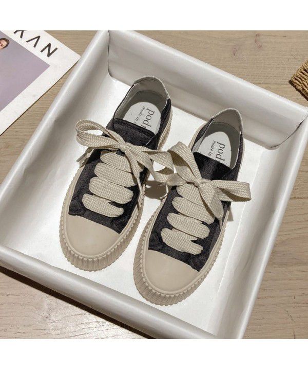 Little White Shoes Women's Thick Sole Casual Elevated Biscuit Shoes Lace up Canvas Single Shoes