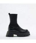 Autumn and Winter New Women's Boots Black Side Zipper Thick Sole Heightened Dark Slim Elastic Mid Sleeve Martin Boots
