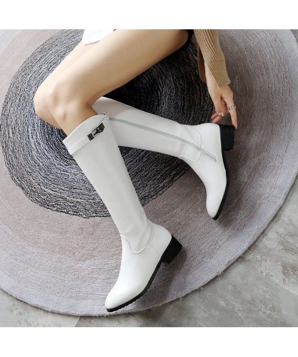 Belt buckle spring and autumn boots, leather boots, knight boots, thick heels, medium heels boots