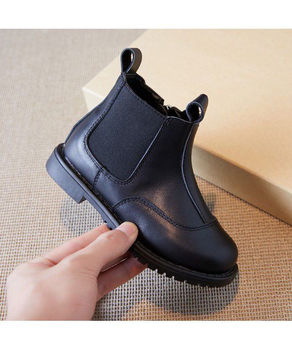 Children's boots, small boots, new autumn and winter girls' boots, top layer genuine leather short boots, Korean version black boys' leather boots
