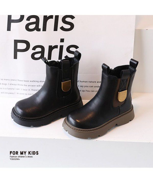Girls' Martin Boots Genuine Leather Black Mid Sleeve Short Boots Autumn New Children's Boots British Style Metal Fashion Boots