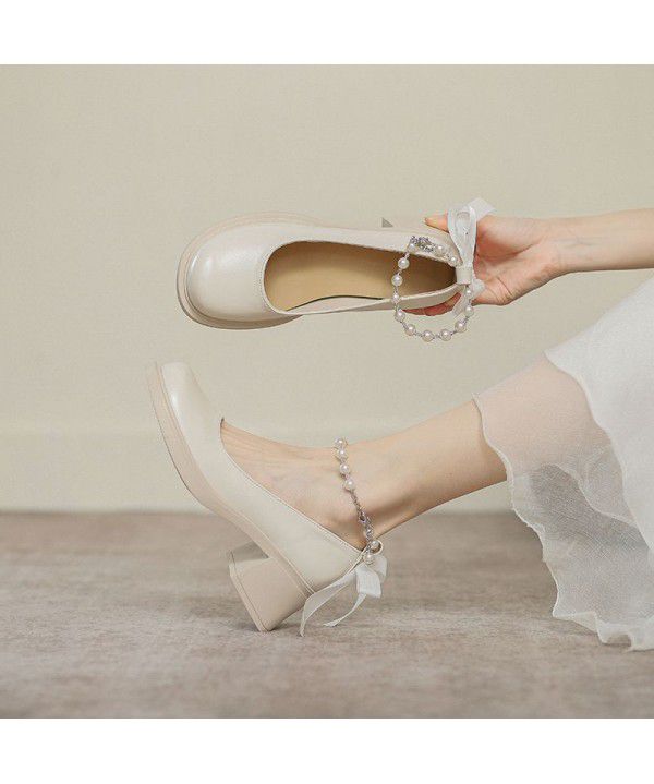 Early Spring New White Mary Jane Single Shoes, Feminine Style, Versatile Pearl Buckle, Thick Heels, Shallow Mouth, High Heels, Female