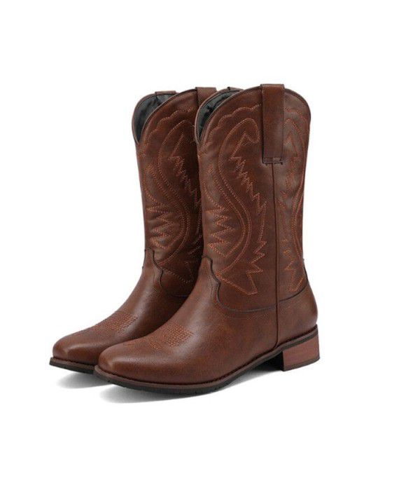 Martin boots square head V-neck embroidery Cowboy boot thick heel brown cavalry men's boots