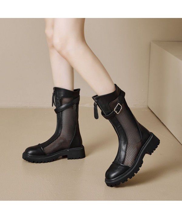Boots Children Summer New Women's Shoes Hollow Breathable Mesh Boots Front Zipper Cool Boots Popular Mid Sleeve Martin Boots