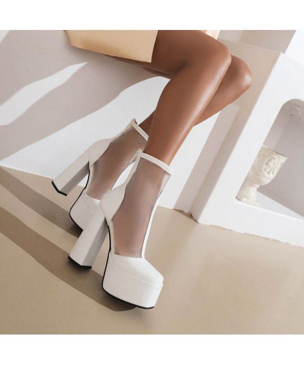 High heels, cool boots, sandals, women's mesh hollowed out spring and autumn thick soles, women's shoes, low tube upper boots