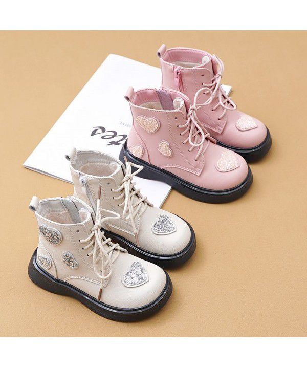 Girls' Martin boots, short boots, soft sole single boots, plush British style princess boots, cotton boots, autumn and winter children's shoes