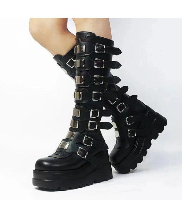 Buckle Thick Sole Boots New Gothic Slope Heel High Barrel Boots Women's Punk Spicy Knight Boots