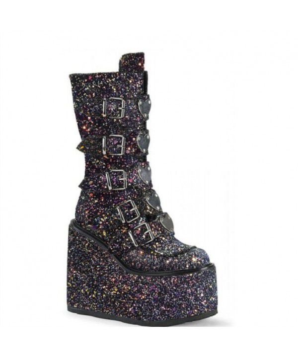 Winter New Women's Shoes Fashion Thick Sole Heart shaped Buckle Mid Barrel Sequin Wedge Martin Boots Women