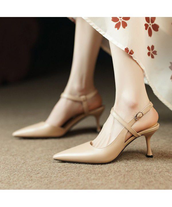 Nude colored Baotou back empty sandals for women with thin heels and pointed tips, new full leather one line strap for spring and summer, paired with skirts and high heels