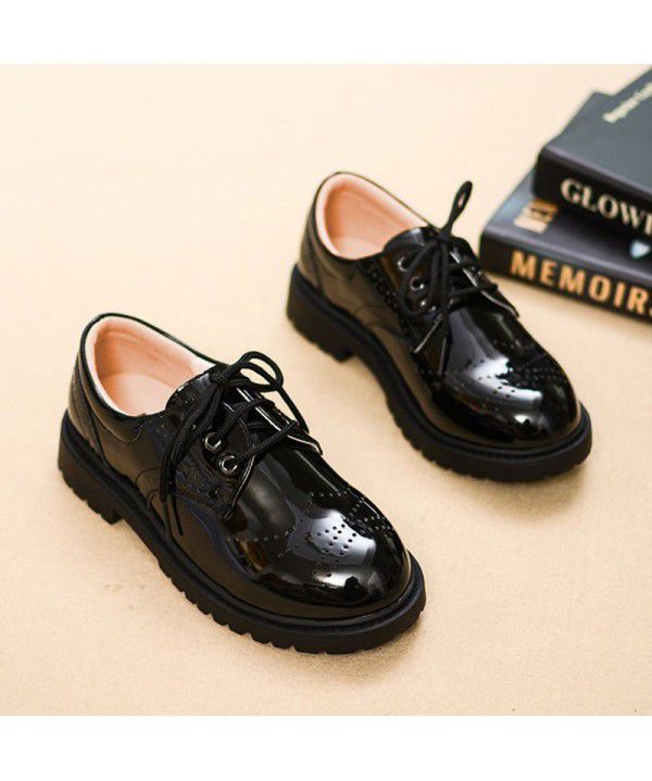 Children's leather shoes, boys' middle and high school children's primary school children's small leather shoes, Korean version, soft soled flower children's black performance shoes