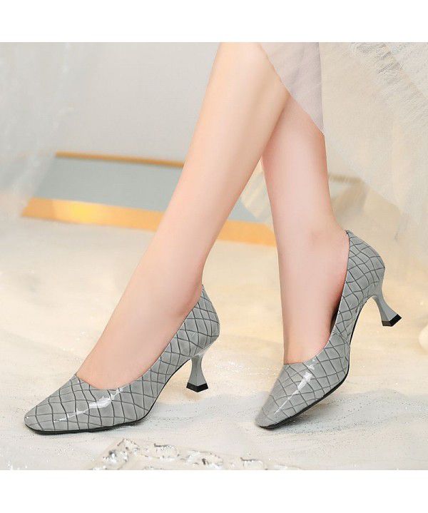 New Spring and Autumn Checker High Heels Sexy Thin Heels Shallow Mouth Single Shoes for Women Fashion Matching Skirts and Leather Shoes for Women