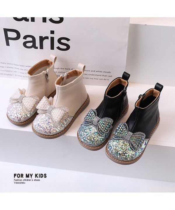 Girls' Martin Boots, Diamonds, Sequins, Bow Ties, Princess Leather Boots, Autumn and Winter New Children's Boots, Low Barrel Short Boots