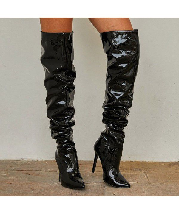Spring knee length boots autumn new European and American pointed patent leather high barrel black zipper thin heel high heeled women's boots