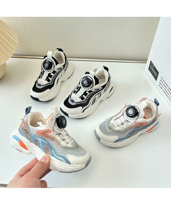 Children's sports shoes mesh breathable autumn style girls' dad shoes rotary buckle hollow out shoes boys' running shoes trend