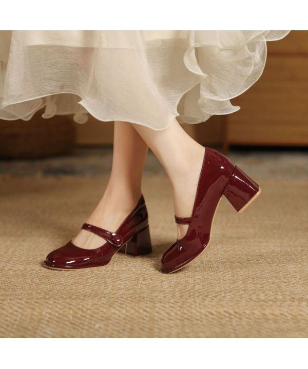 Early Spring New French Round Toe Hepburn Small Leather Shoes Vintage Red Mary Jane Shoes Women's Lacquer Leather High Heels Thick Heels