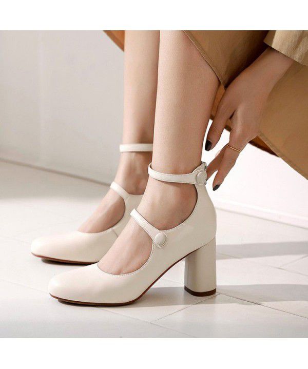 New Spring Beige Stripe High Heels Mary Jane Shoes Patent Leather Round Toe Thick Heels Wedding Shoes Girl