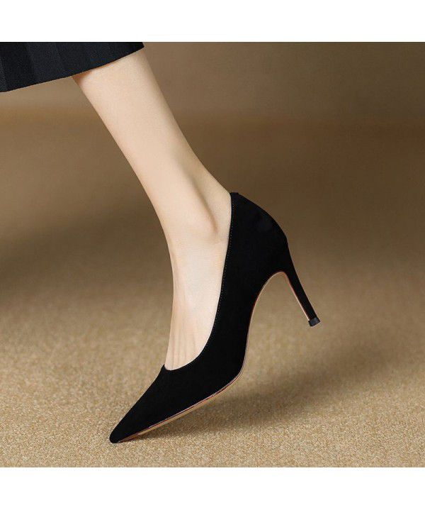 New Spring/Summer French High Heels Female Pointed Thin Heels Black Temperament Frosted Single Shoe Female