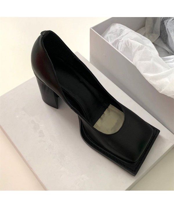 High Heel Single Shoes Women's Shallow Mouth Square Head British Walk Show Fashion Sealing Sail Thick Heel Fashion Versatile Small Leather Shoes