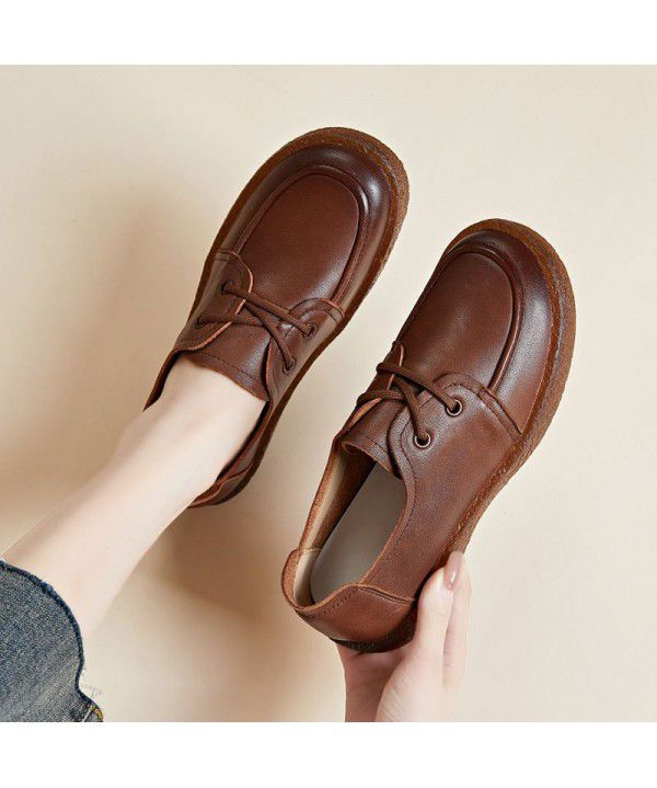 Genuine leather cow tendon sole handmade grandma's shoes, retro literature and art autumn new style, lightweight, comfortable, non slip soft sole single shoes