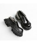 British style Slip-on shoe sponge cake patent leather women's single shoes metal big chain round head thick soled dragon tooth shoes jk
