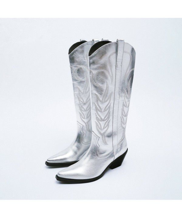 High boots, silver embroidery, Chelsea long boots, Western denim style knight boots