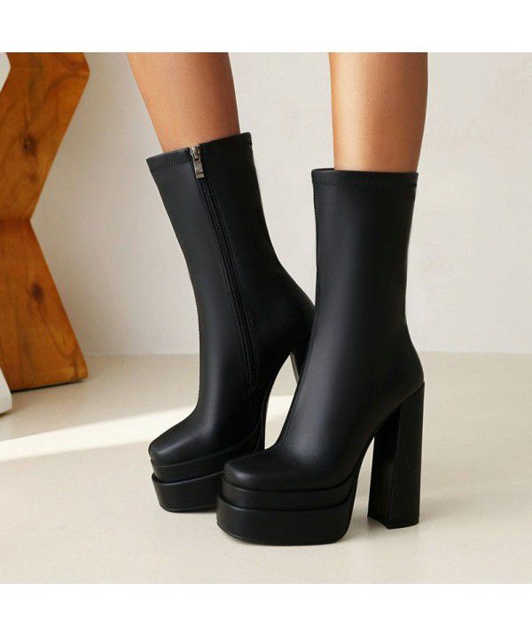 New style thick heeled waterproof platform fashion women's boots with patent leather square toe short boots