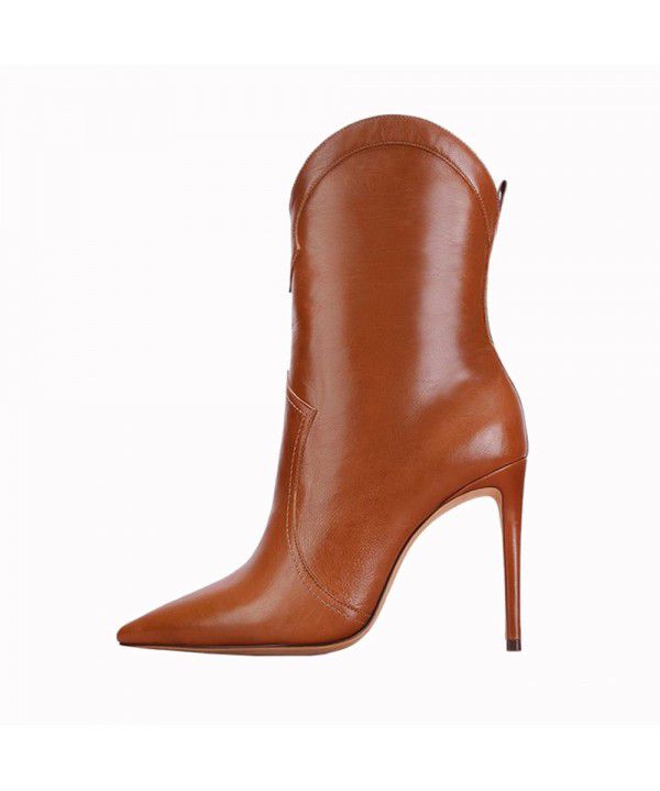 Leather stitching thin high heeled women's short boots