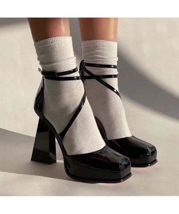 Black waterproof platform ultra-high heel sandals for women with thick heels, new square toe patent leather, one line buckle, hollow single shoe