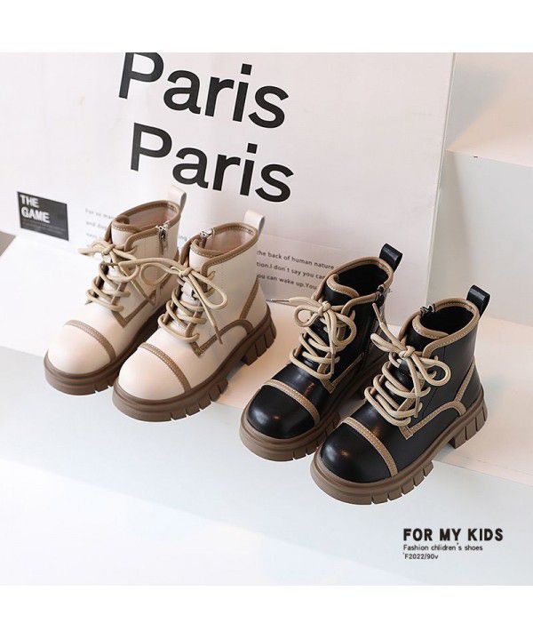 Children's niche contrasting Martin boots, girls' English style black small leather boots, autumn new children's boots, mid length boots