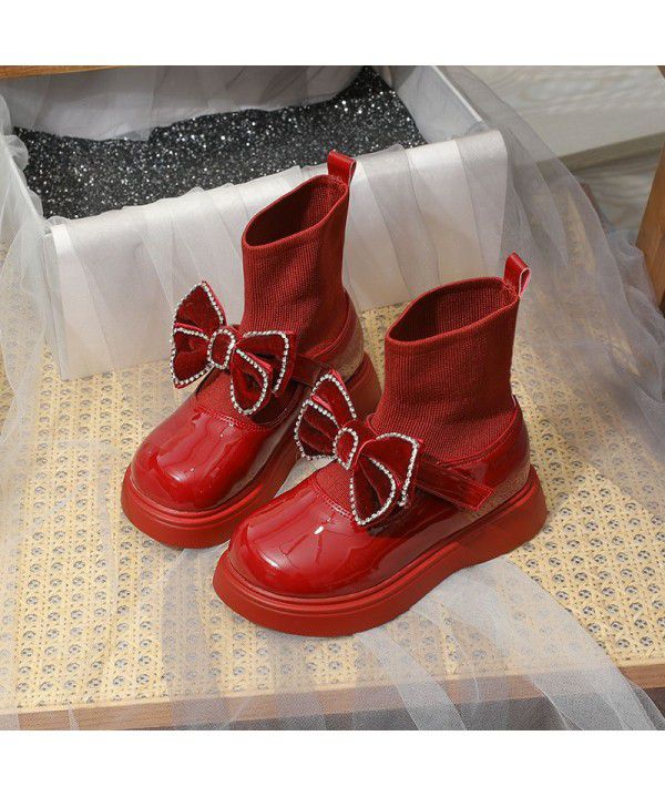 Girls' short boots=new autumn and winter bow knot children's princess single boot soft sole baby socks leather boots