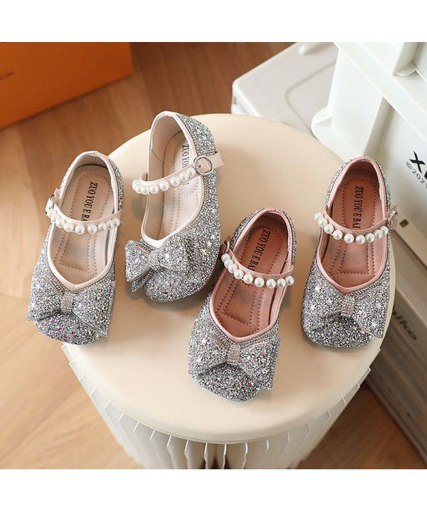 Girls' Princess Shoes Spring New Fashion Bow Rhinestone Leather Shoes Soft Sole Little Girl Baby Single Shoe Trend