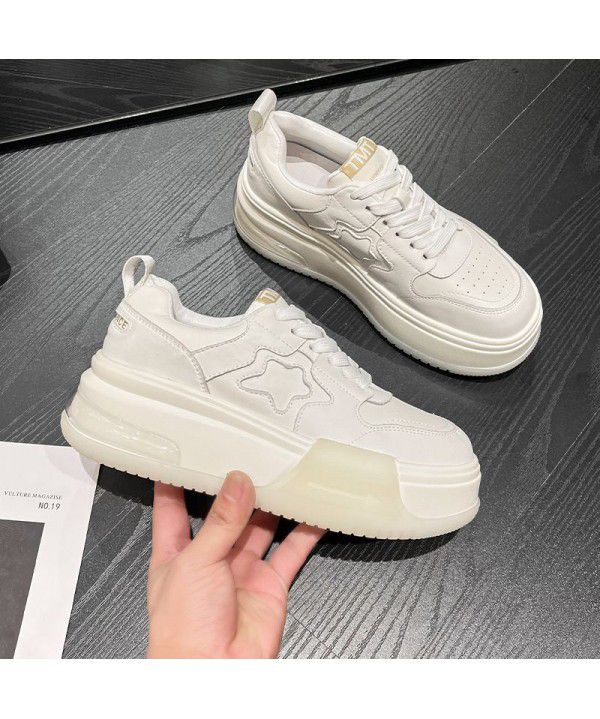 Spring and New Autumn Genuine Leather Thick Sole Shoes for Women's Casual Shoes Star Board Shoes for Women's Versatile Sports Shoes