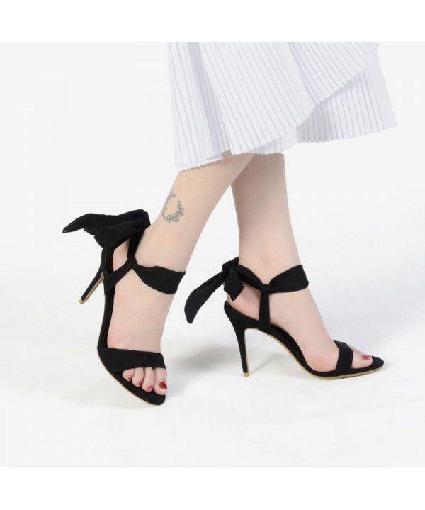 New style one line suede bow tie super high heels, slim heels, sandals, women's summer