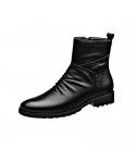 Autumn cowhide men's leather boots with anti slip zipper for warmth and youth fashion classics