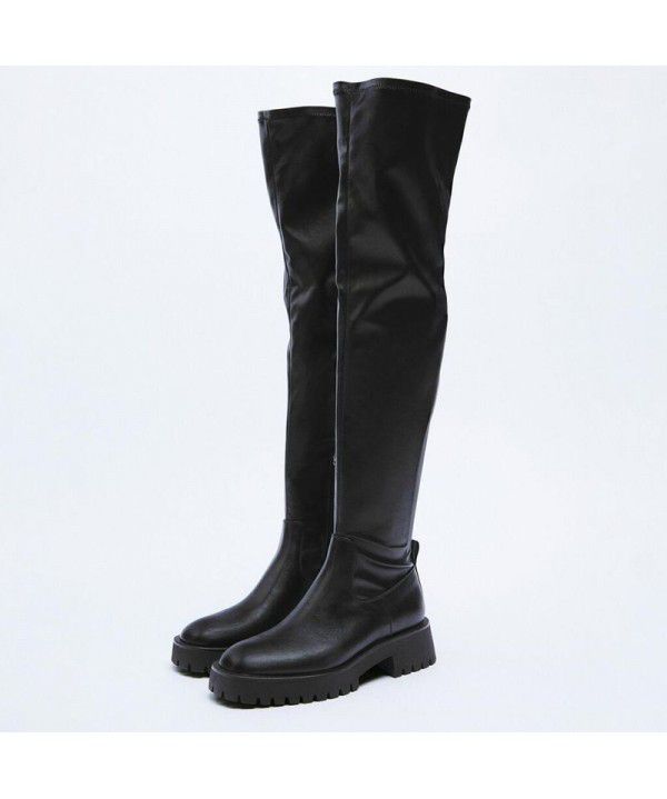 Black knee length boots for women in autumn and winter, showing thin thin thin heels, high heels, round toe, side zippered riding boots for women