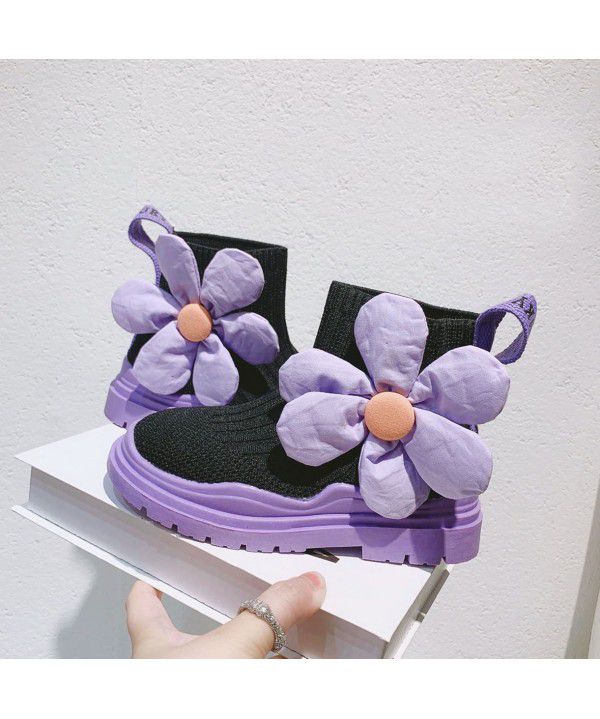 Girls' sock shoes, children's elastic knitted boots, fashionable and versatile short boots, baby single shoes