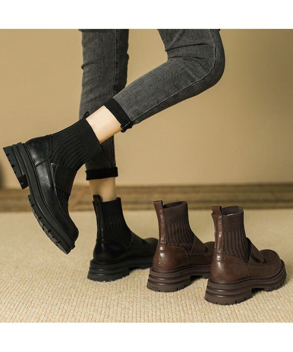 Autumn and Winter New Elastic Hosiery Boots Women's Lefufei Weaving Warm and Slim Short Boots English Style Coarse Heel Martin Boots
