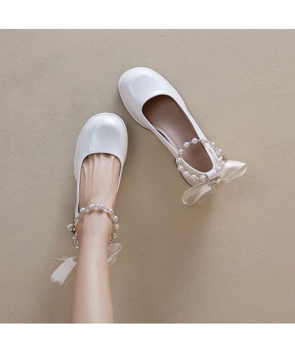 French round toe straight line high heels, thick heel shoes, fairy style pearl Mary Jane women's shoes, spring and autumn style for women