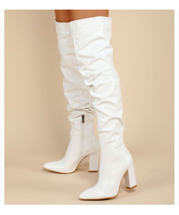 New women's shoes with long pleats, thick heels, high heels, pointed toes, and long boots for women